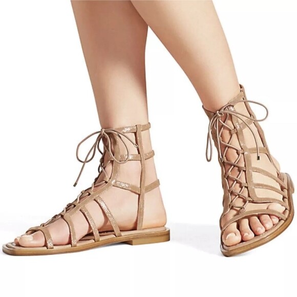 STUART WEITZMAN Kora Ankle Lace Up Strappy Gladiator Sandals Tan Leather Sz 9.5 - Picture 1 of 11